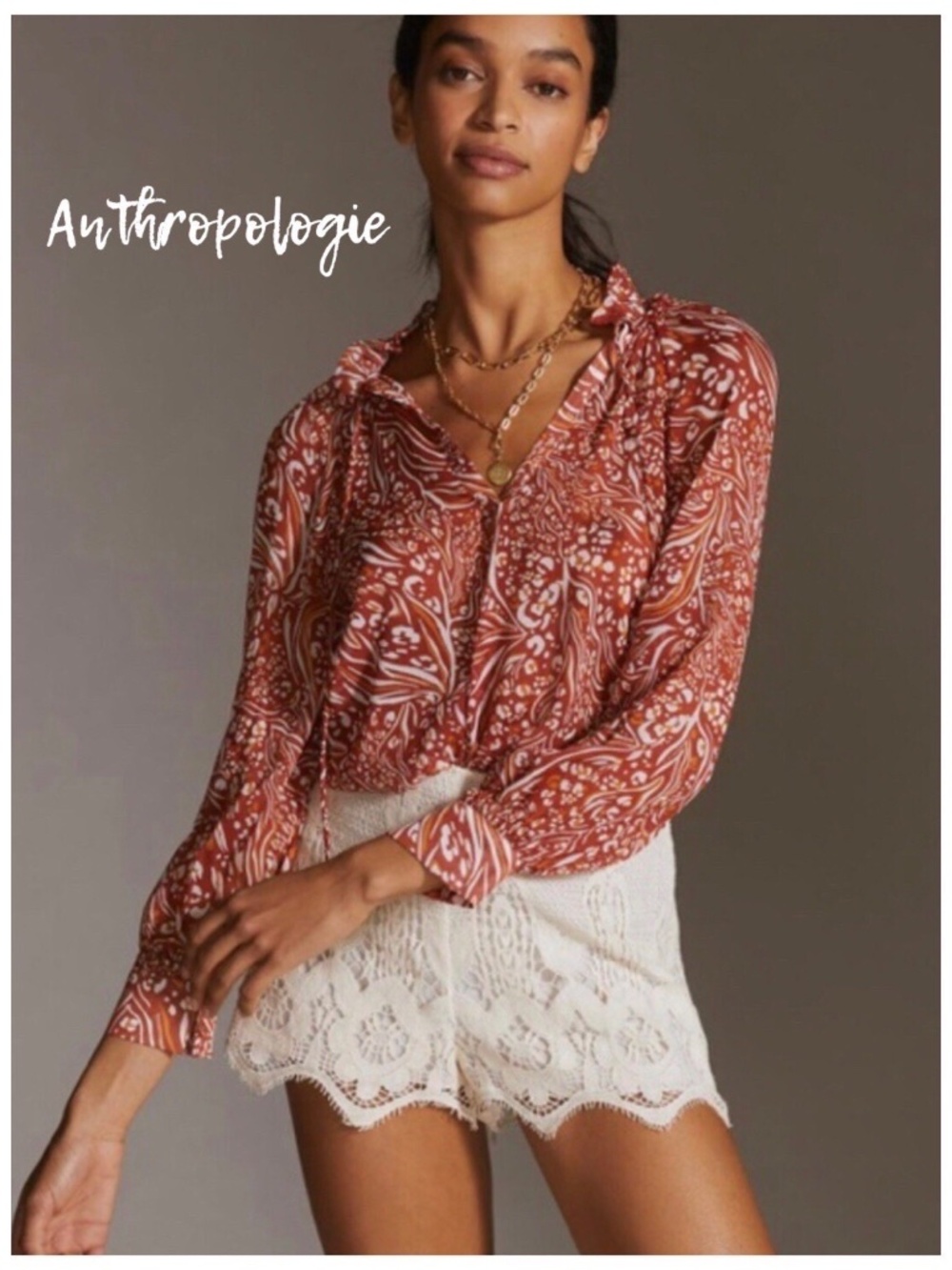 NWT Anthropologie Sheer Printed Peasant Blouse Orange Motif Sz XS